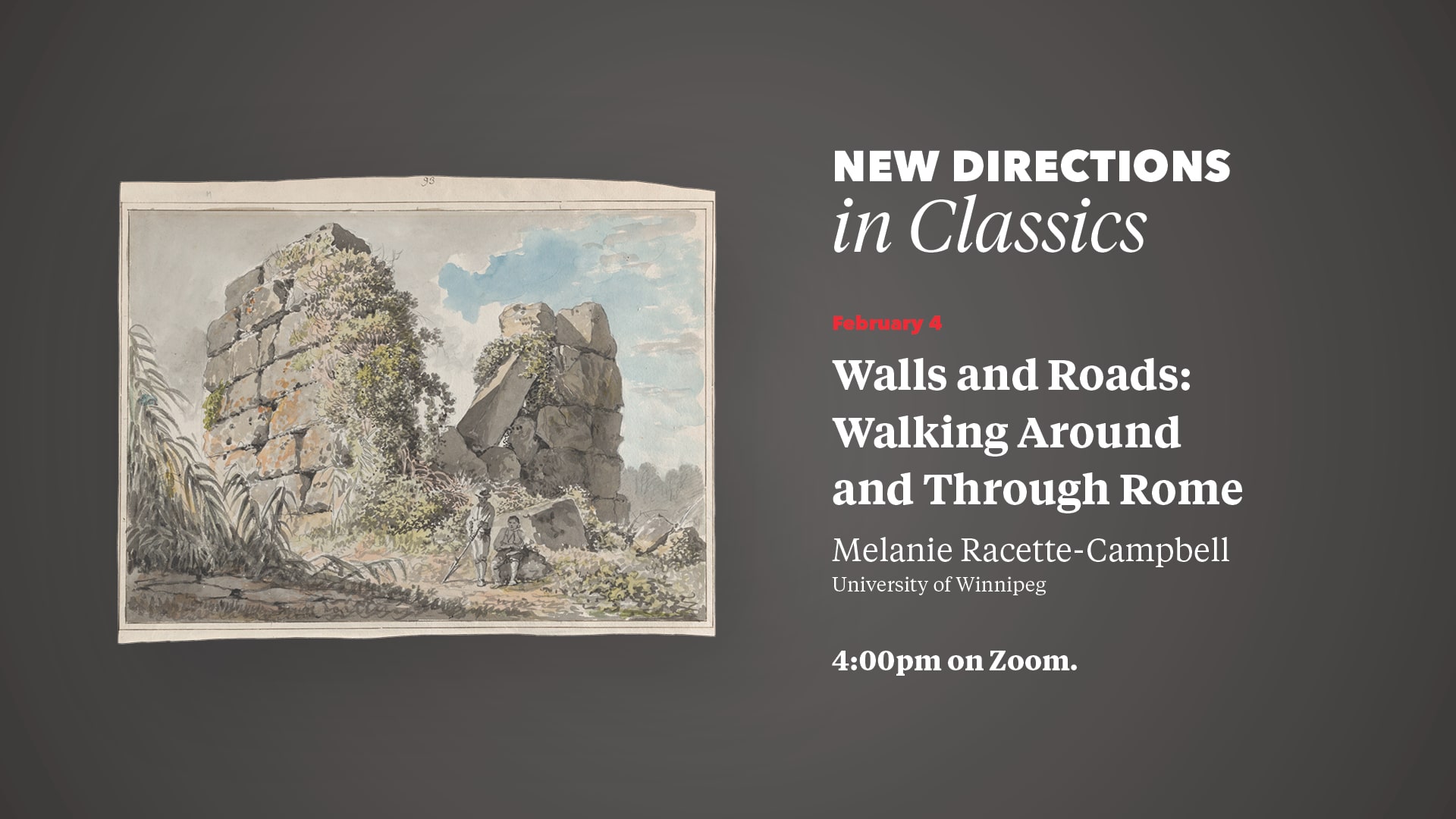 Promo image for New Directions in Classics lecture on Feb 4, full text on web page