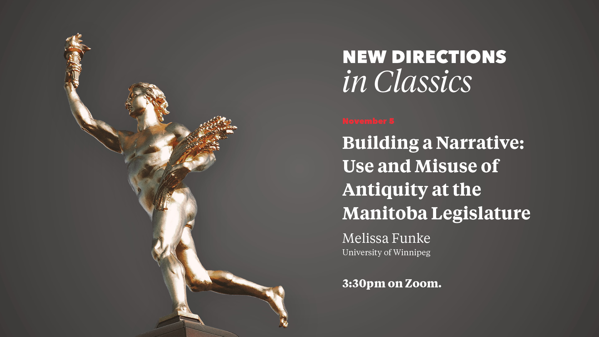 Promo image for New Directions in Classics talk, Nov 5; full text on web page