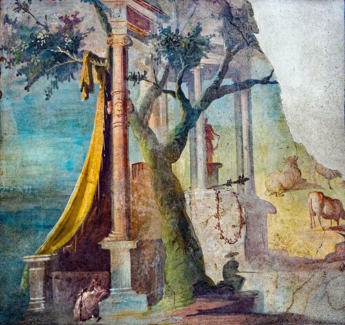 Wall painting - idyllic landscape with porta sacra and tholos - Pompeii (VIII 7 28 - sanctuary of Isis - ekklesiasterion) - Napoli MAN 8558 - 01. Photo by ArchaiOptix