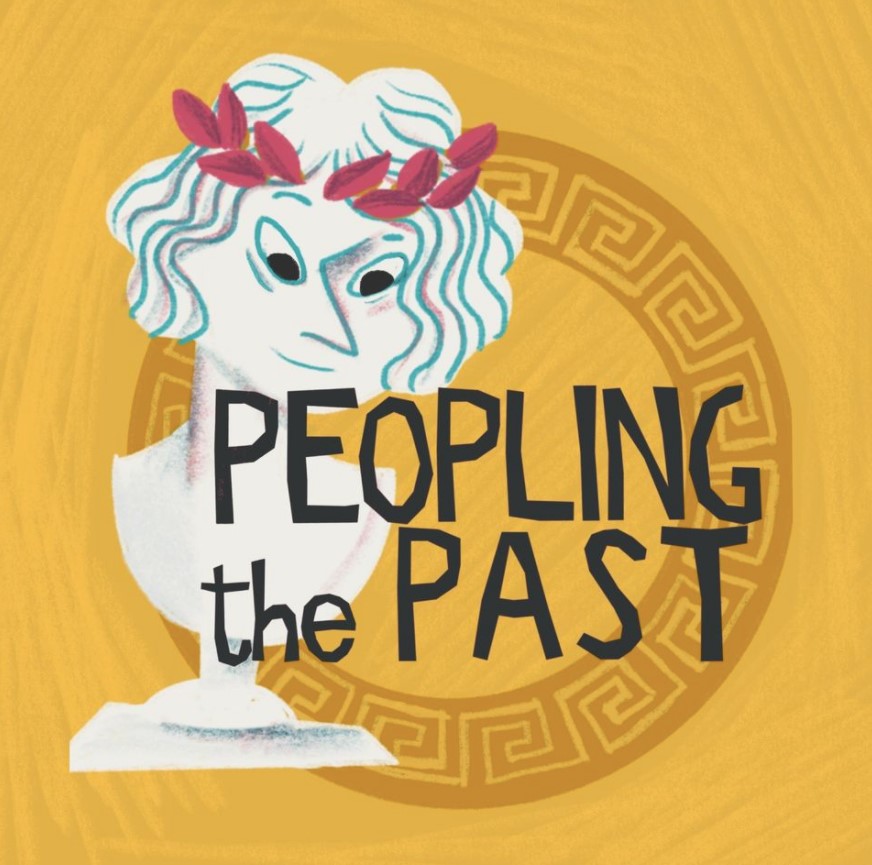 "Peopling the Past" overlaid on cartoon bust with laurel wreath; image from the Peopling the Past website