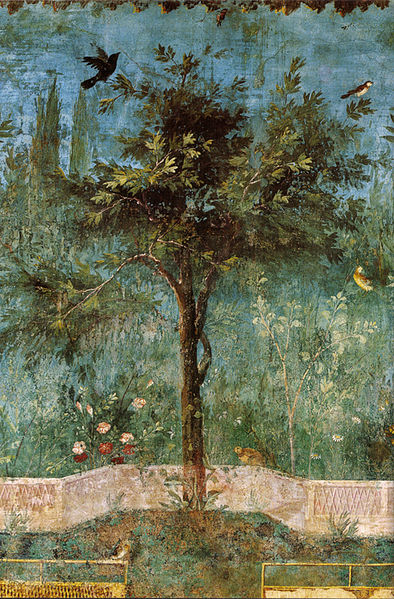 Oak tree with birds, wall painting in the underground garden