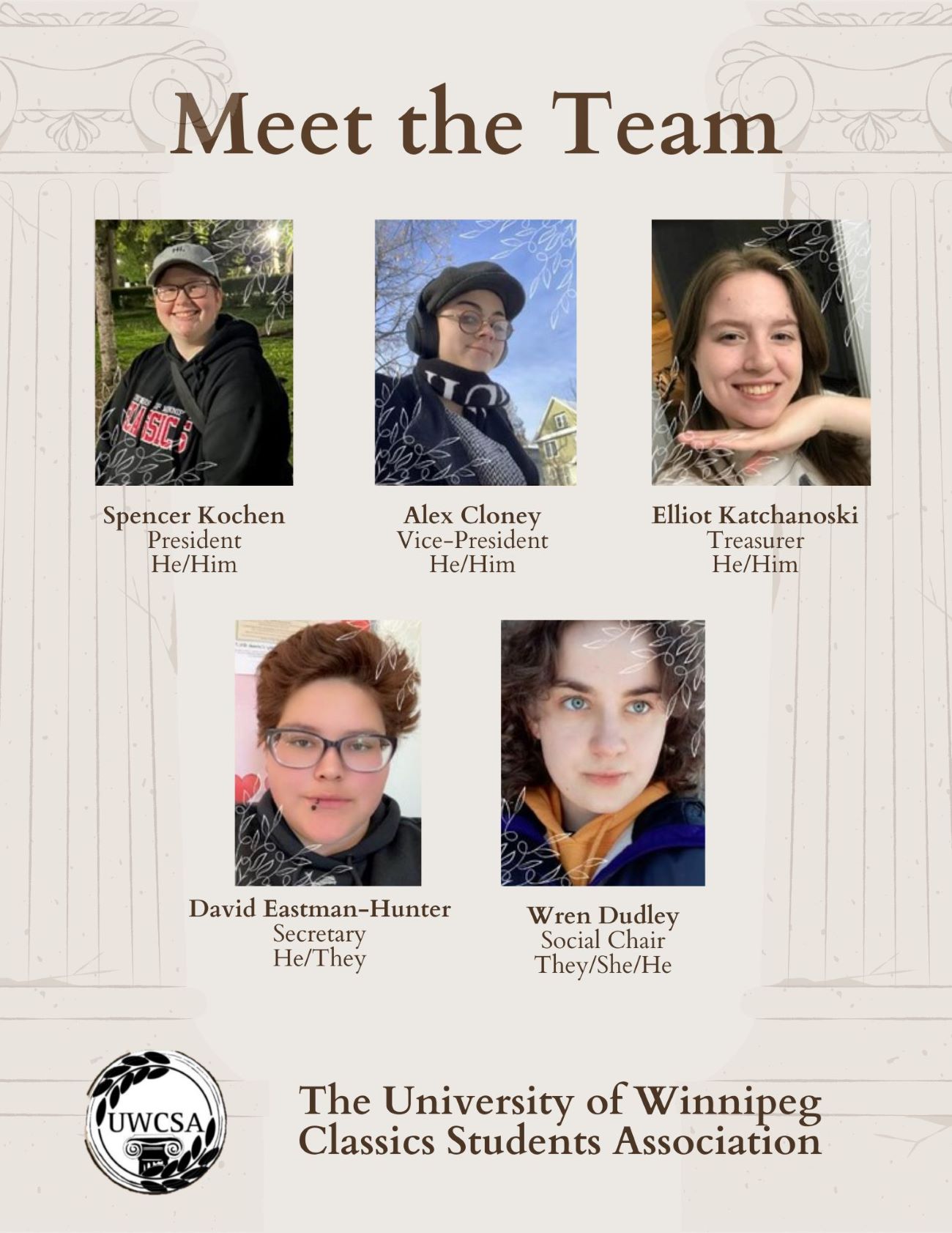 Poster featuring names and images of UWCSA Executive Team for 2024-25; information available on webpage