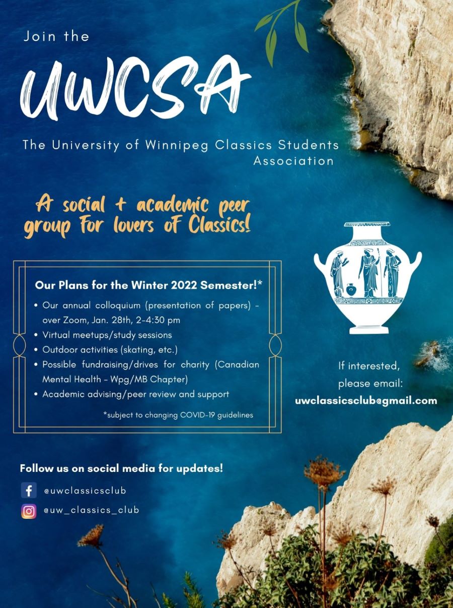 Promotional image for UWCSA, full text on web page: features ancient vase image and text on background of Greek islandscape
