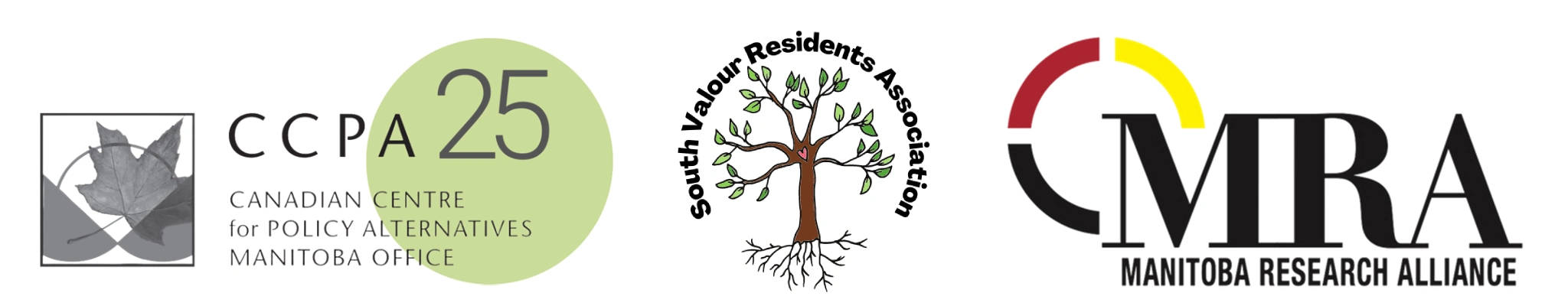 Canadian Centre for Policy Alternatives, South Valour Residents Association and Manitoba Research Alliance logos