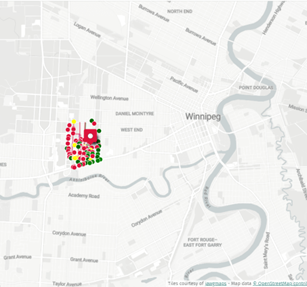 The image shows where South Valour is located in Winnipeg, and a cluster of green, yellow, and red dots that represent different things residents identified in the neighbourhood. 