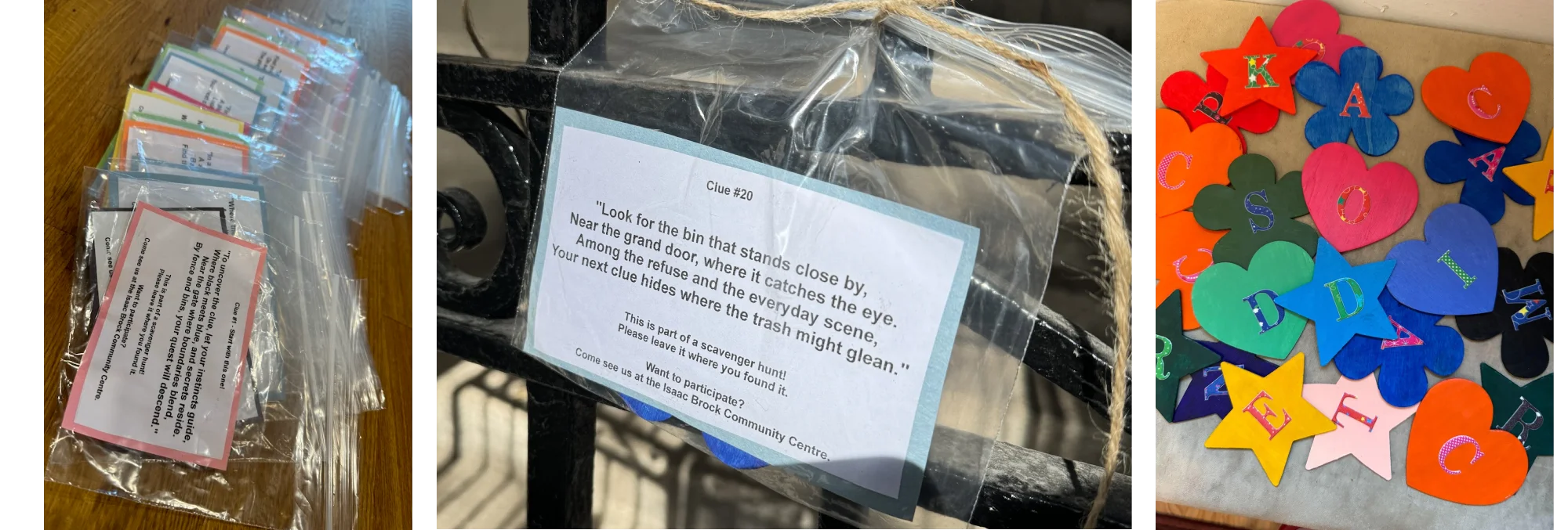Images of scavenger hunt materials, including clue cards and cutout shapes with sparkling letters