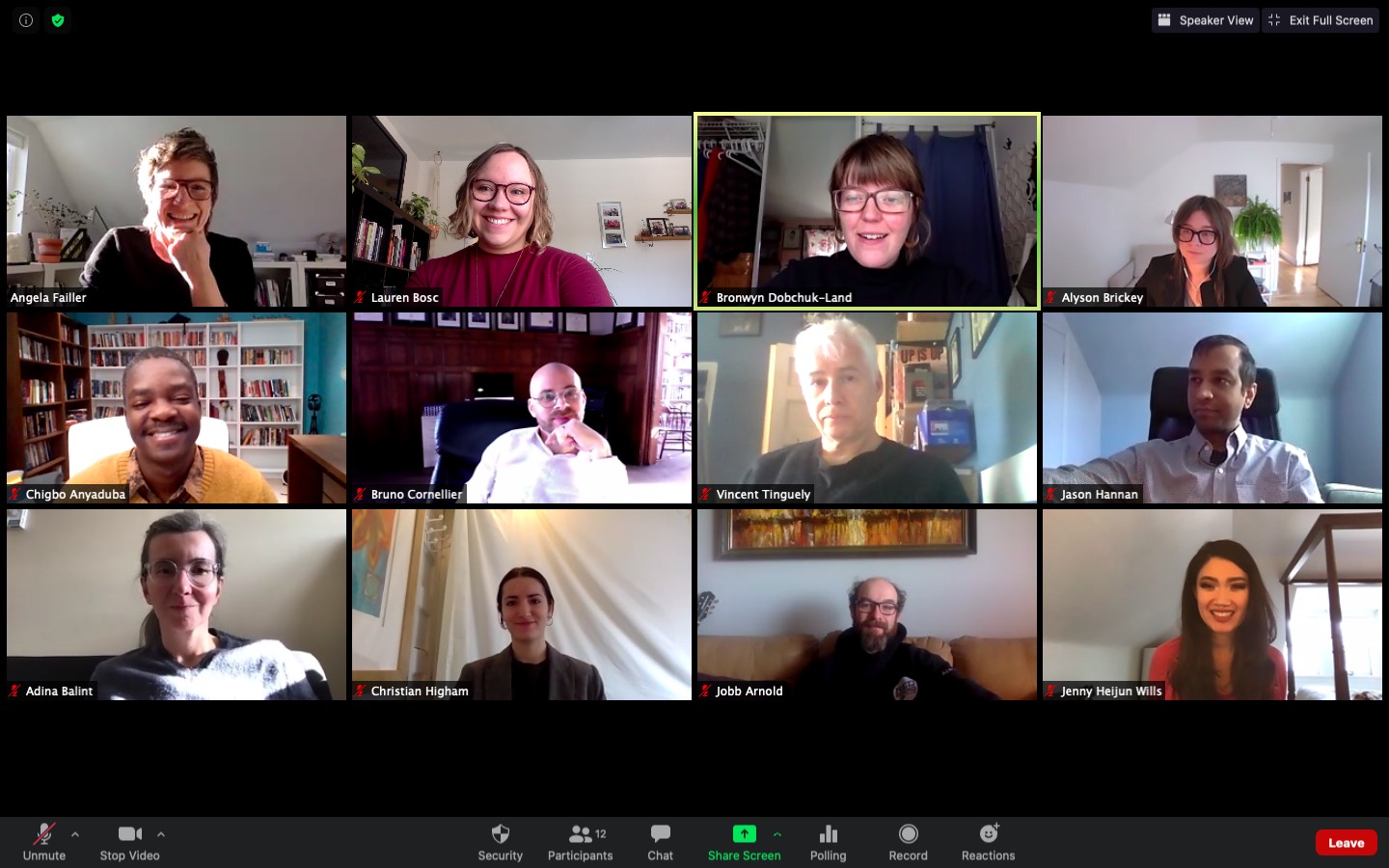 Zoom screenshot of the CRiCS Research Talk on November 13, 2020, feature 12 members of CRiCS.