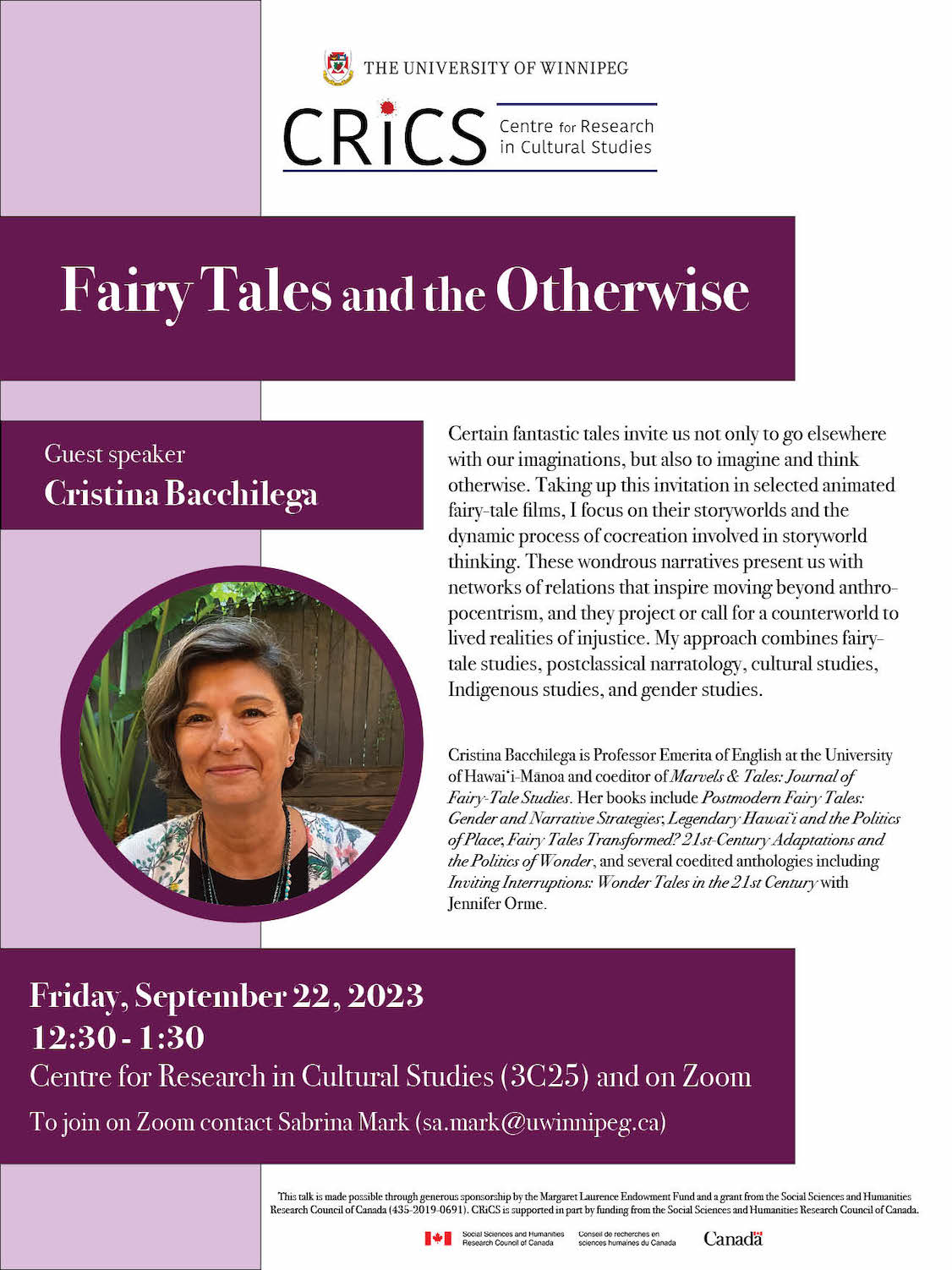 Poster for Cristina Bacchilega talk on Fairy Tales and the Otherwise