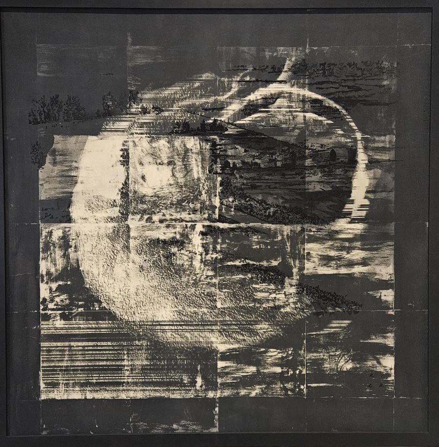 Richard Allan Thomas, We think we figured out why it was like that, and its still going on, 2024, gouache landscape transpositions, 36 Japanese ink block washed gel image transfers on manila. 