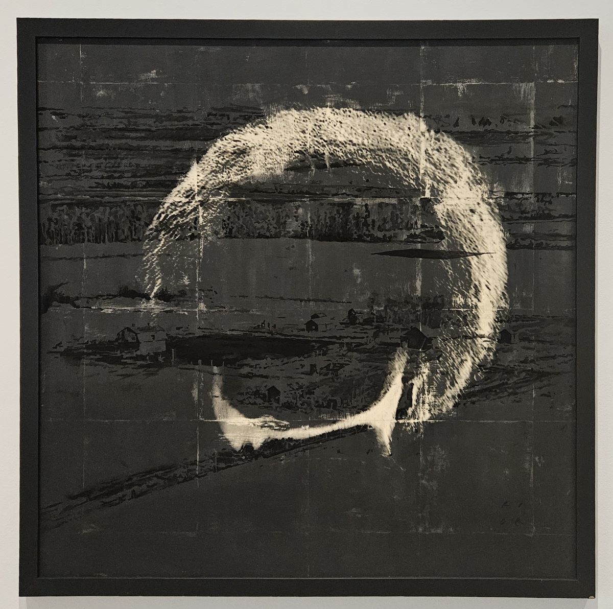 Richard Allan Thomas, We think we figured out why it was like that, 2024, gouache landscape transpositions, 36 Japanese ink block washed gel image transfers on manila. 