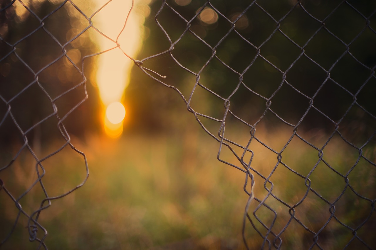 Photo of hole in chainlink fence with sun behind