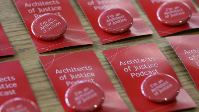 a table of buttons that say architects of justice