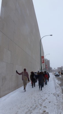 Cultural Studies students walking past the Winnipeg Art Gallery