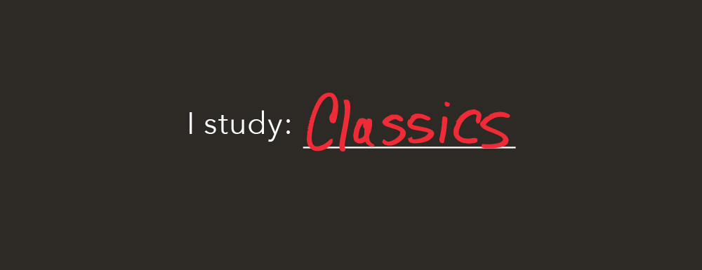 Black graphic with "I Study" in white type and "Classics" handwritten in red text