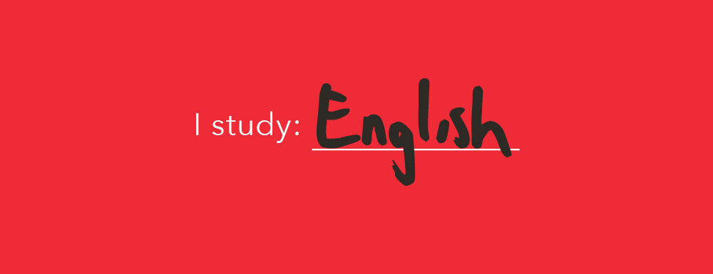 Red graphic with "I Study" in white type and "English" handwritten in black text