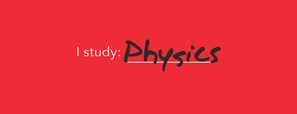 Red graphic with "I Study" in white type and "Physics" handwritten in black text