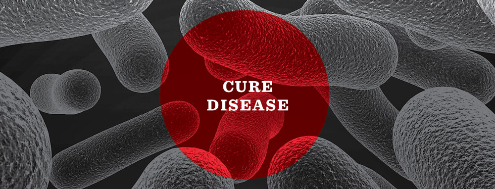 Cure Diseases text in red circle with bacteria in the background