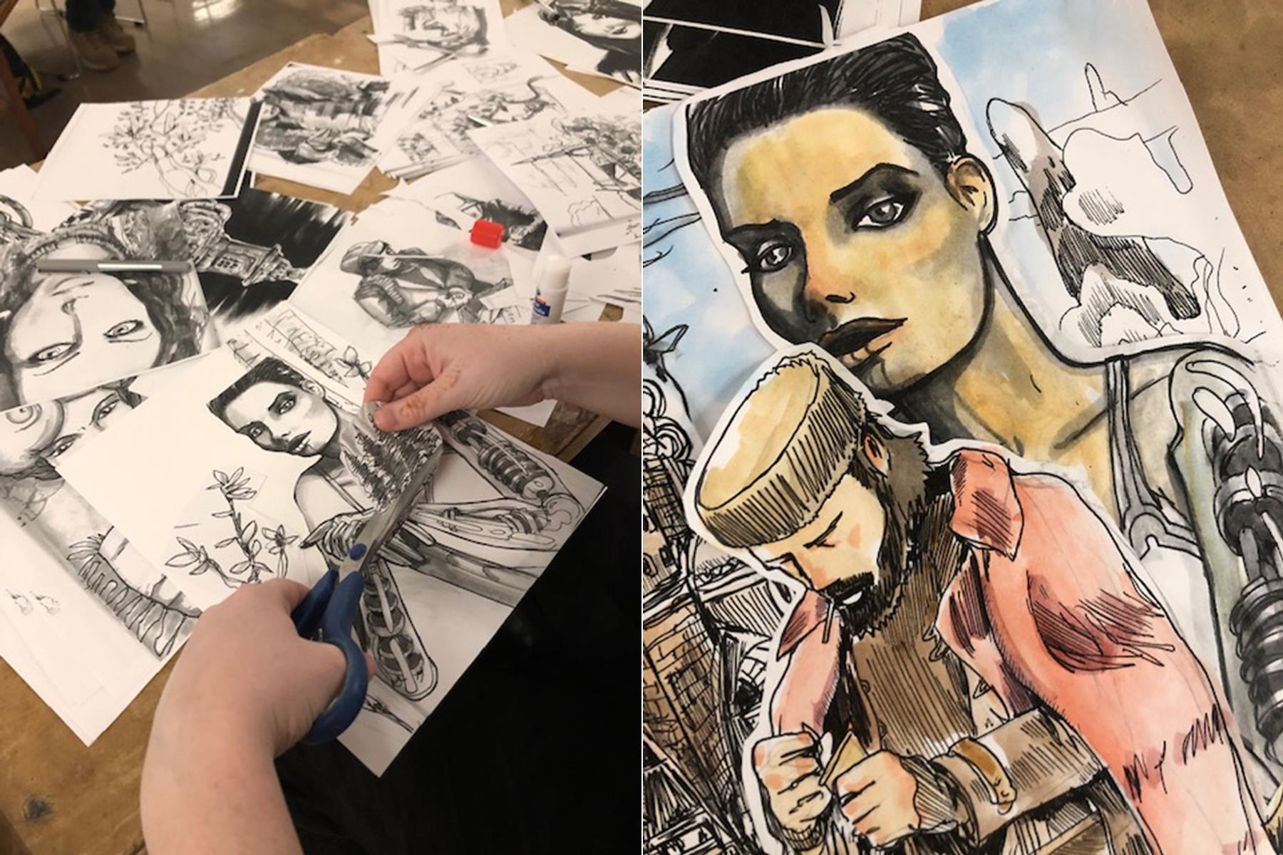 Left: Image of a student cutting out a picture. Right: that same picture, coloured and assembled into a collage.