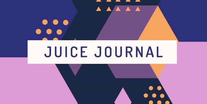 Purple and yellow triangles with the words Juice Journal in front