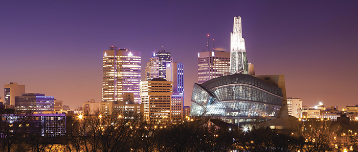 Downtown Winnipeg skyline with the Canadian Museum for Human Rights in foreground