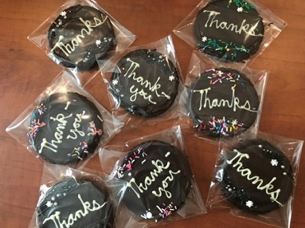 photo of chocolate cookies which say "thank you"