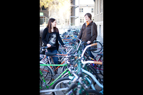 Students by a bike rack