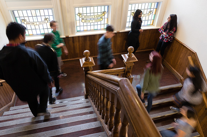 Students in stairwell of Wesley Hall