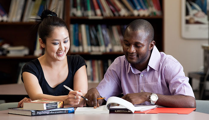 Two students looking at a book, peer tutoring