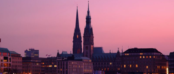 A pink sky over Hamburg, Germany