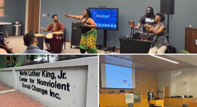 From Top to Bottom: A cultural dance and drumming for healing and grounding at the Diaspora of Dance event; The Martin Luther King, Jr. Centre for Nonviolent Social Change; The main plenary session space for the conference.