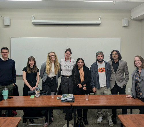 Human rights alumni panellists with professors from Global College