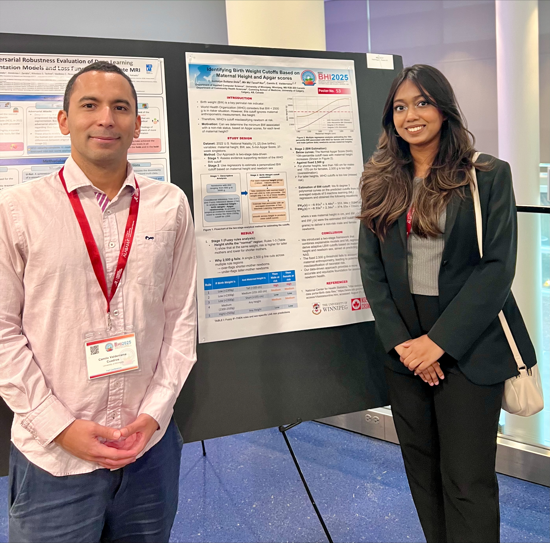 Sumaiya Sultana Dola (right) and her supervisor Dr. Camilo Valderrama (left) stand in front of Sumaiya’s poster for “Identifying Birth Weight Cutoffs Based on Maternal Height and Apgar Scores” at the IEEE-EMBS BHI Conference in Atlanta. 