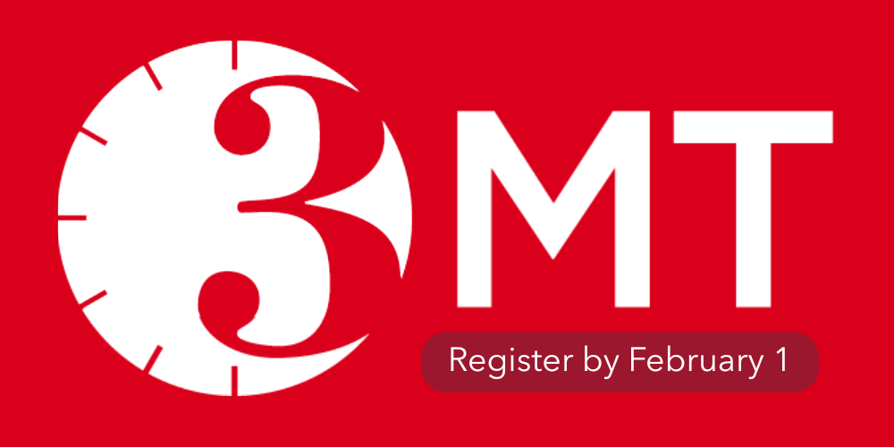 The Three Minute Thesis Competition logo appears in white on a red background. Near the bottom left, white text reads "Register by February 1"