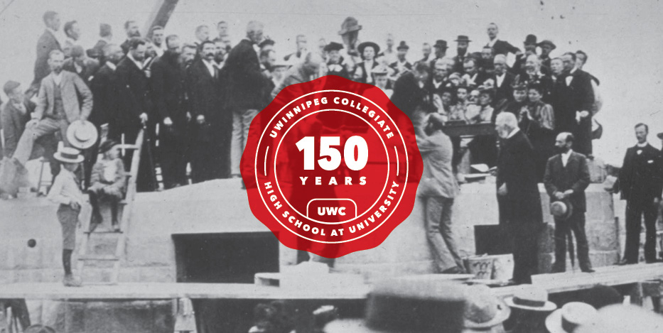 A red seal reading Collegiate 150 over top of a black and white image of students