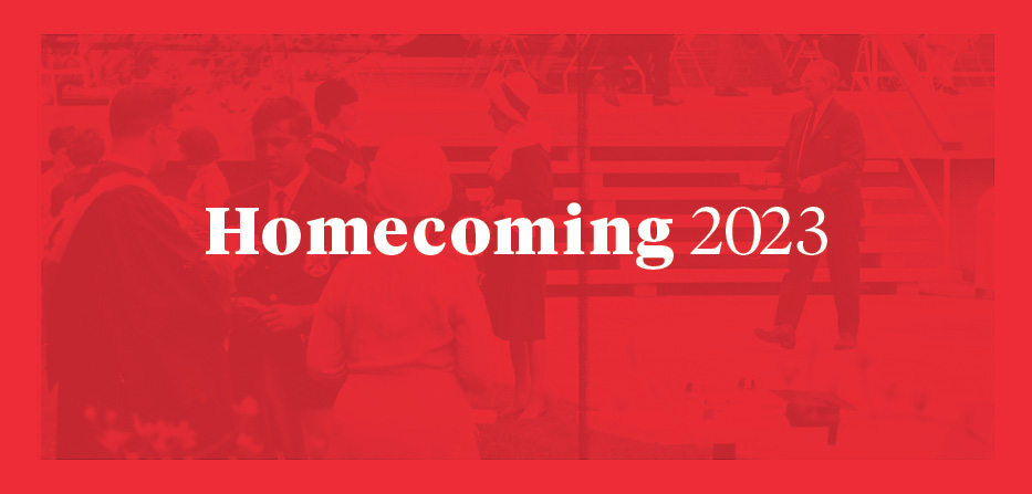 White text reading Homecoming 2023 on a red background