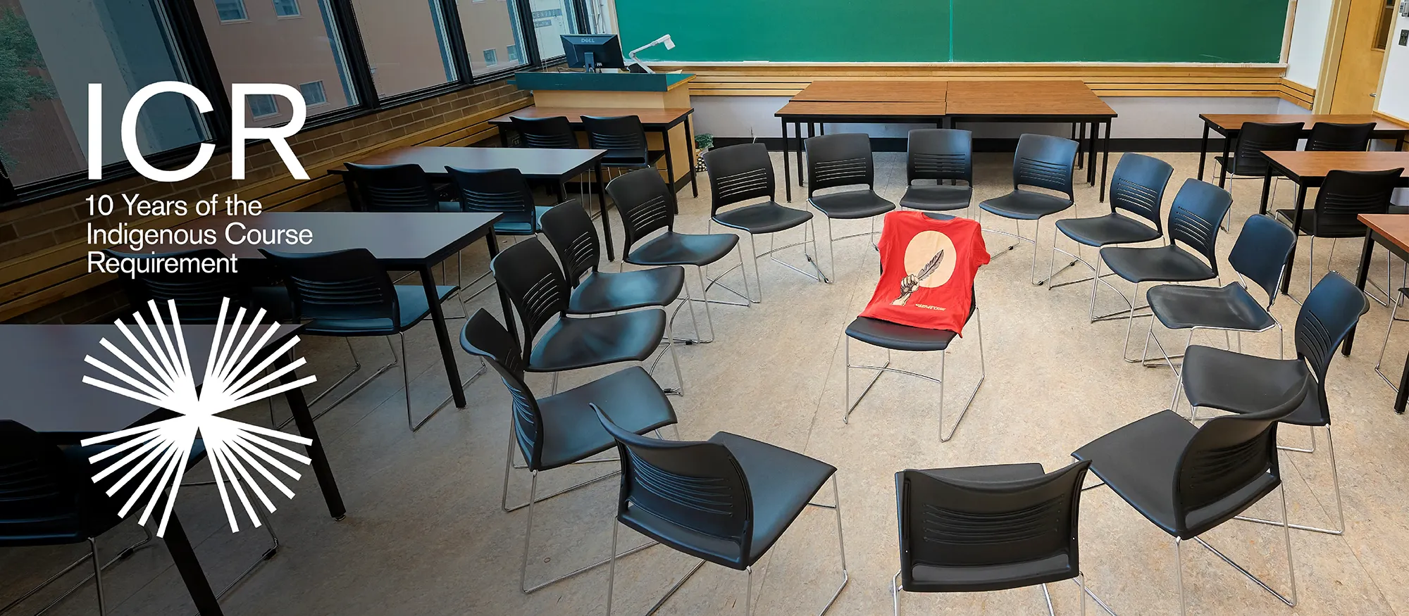 Text on left: ICR 10 Years of the Indigenous Course Requirement - Image on right:Orange t-shirt on a chair in a classroom