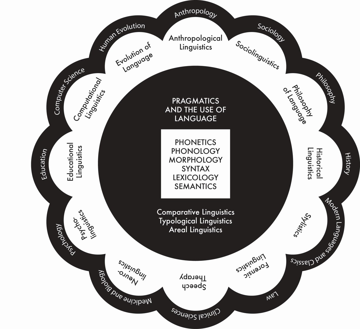 Linguistics circular diagram: pragmatics and the use of language