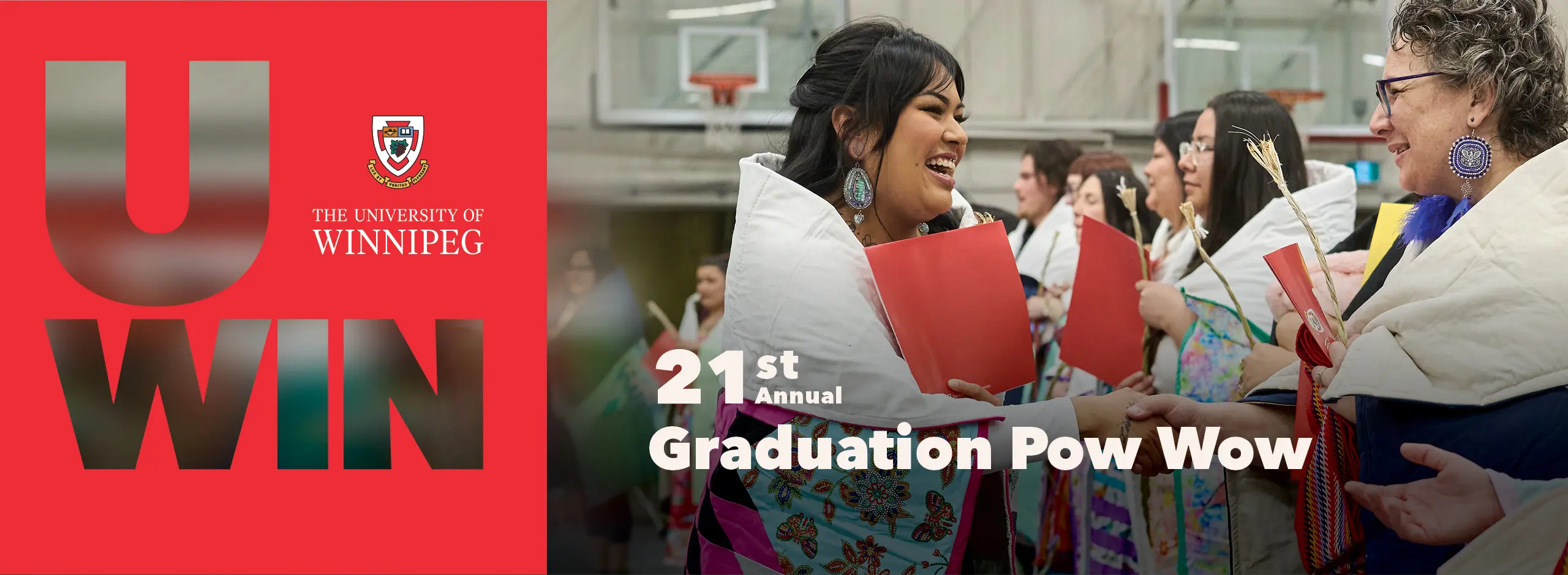 Traditional beading and dreamcatchers on a red background with the text "20th Annual Graduation Pow Wow"