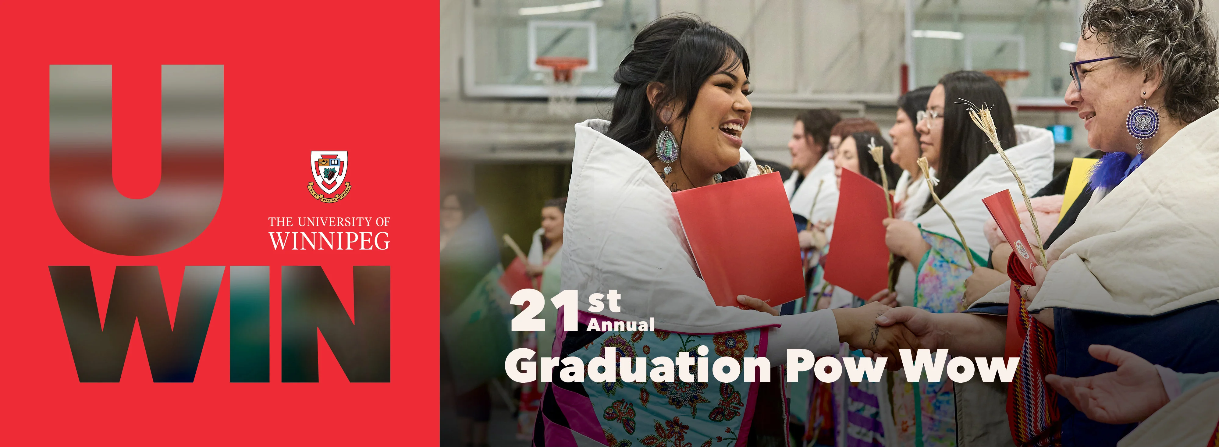Traditional beading and dreamcatchers on a red background with the text "20th Annual Graduation Pow Wow"