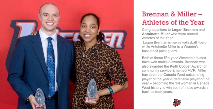 Male & Female Wesmen Athletes holding trophies at Awards Banquet.