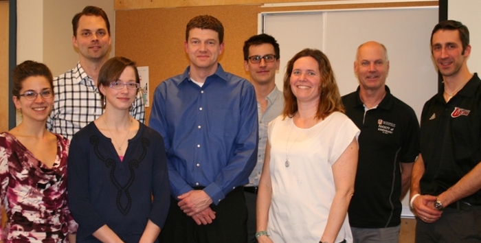 Presenters at KINect (L-R): Dr. Danielle Stringer; Dr. Rob Pryce; Meaghan Michaluk; Jeff Billeck; grad student, Florent Thezard; Dr. Melanie Gregg;  Dr. David Telles-Langdon, Chair; and Dr. Nathan Hall 