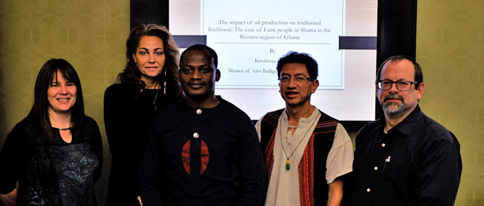 L-R: Dr. Shelley Tulloch, Dr. Jacqueline Romanow, Kwabena Kesseh, Dr. Gabriel Nemogá, Dr. Doug Goltz, following Kwabena’s defense of his thesis, “The impact of oil production on traditional livelihood: The case of Fanti peoples in Shama in the Western region of Ghana” in Fall 2019.