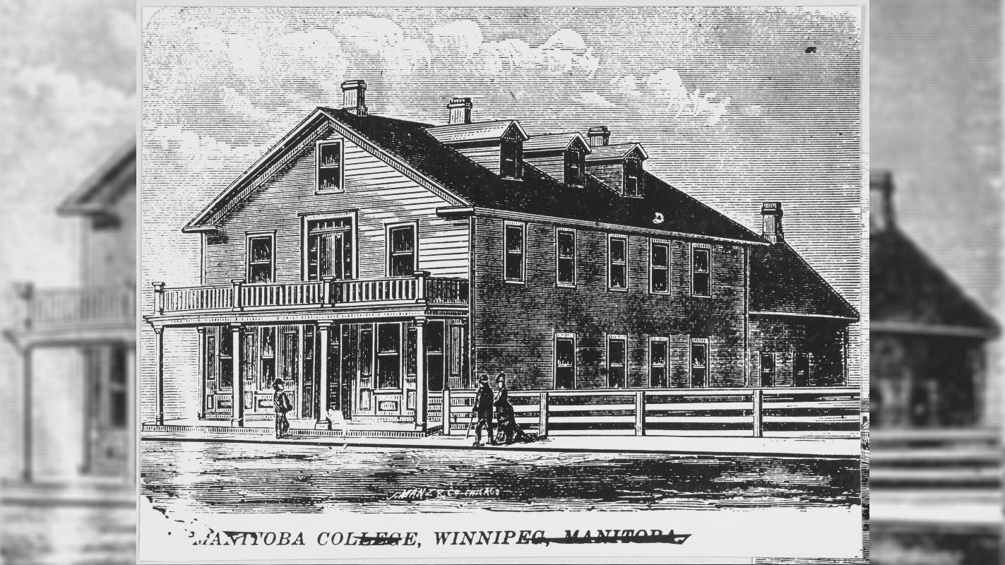 A black-and-white drawing of the building that once stood at 485 Main St. It was the home of Manitoba College from 1875 to 1881.