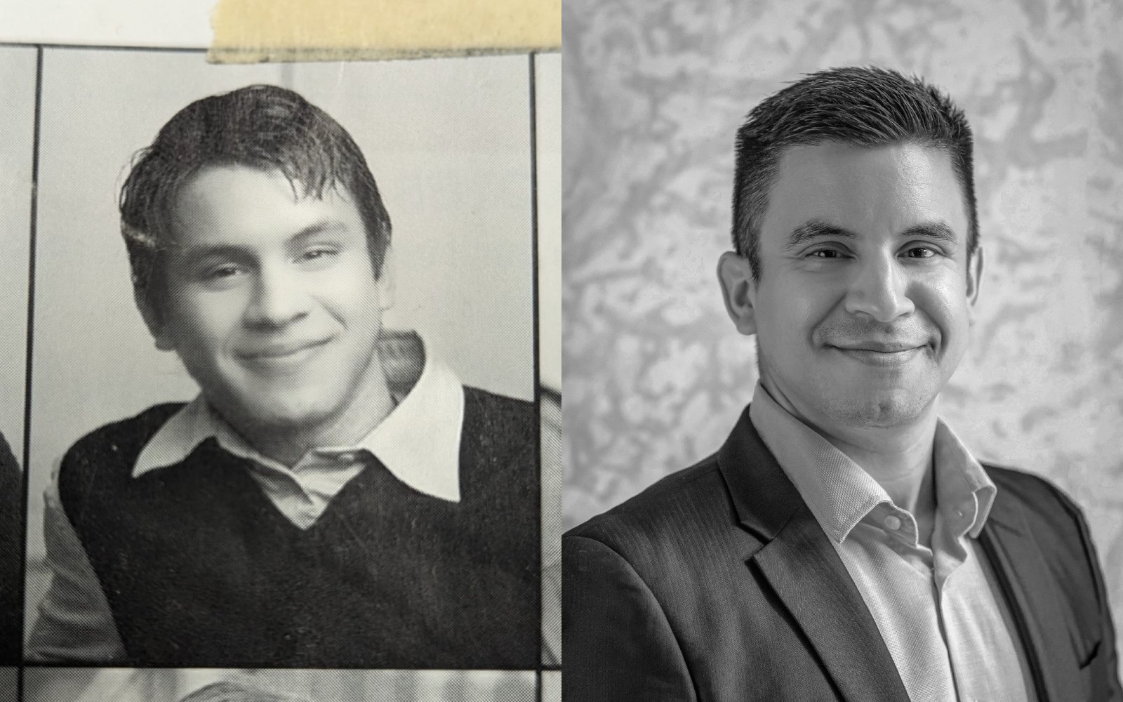 Two black and white photos, the left showing Luis Hernandez as a high school student, the right in present day.