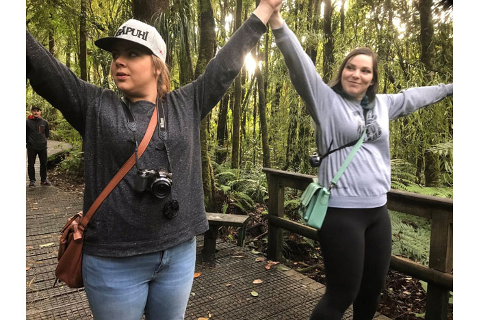 Paige and Sarah following along with movements done for the sacred kauri tree. 