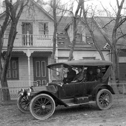 Black and white photo of vintage car