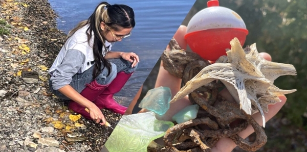 Master’s student Taylor Boucher is mudlarking on the banks of the river with items on the riverbank.