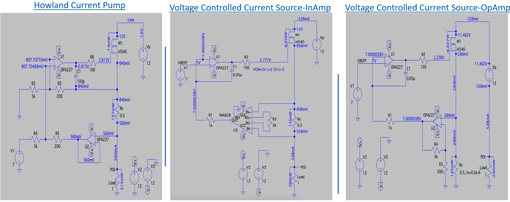 Fig. 7: Different Precision Current Supplies in LTSpice