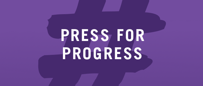 Press For Progress text on with a dark purple hashtag on a light purple background