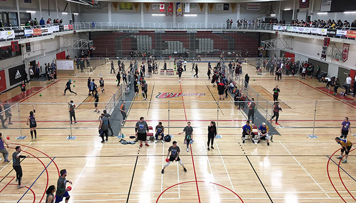 Multiple dodgeball games taken place in the Dr. David F. Anderson Gymnasium